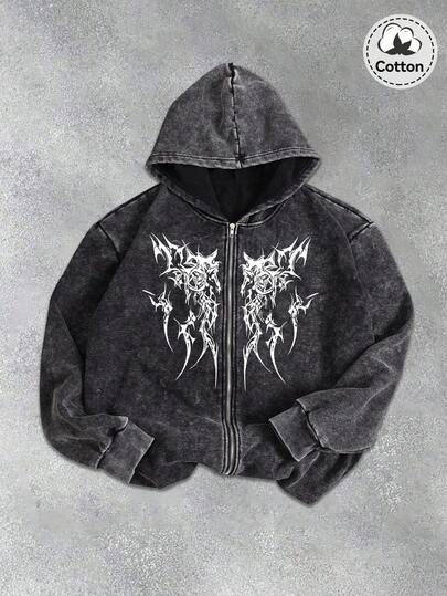 男士哥特图案连帽卫衣，微弹修身水洗复古保暖棉混纺黑色长袖拉链连帽衫，休闲日常校园季外套