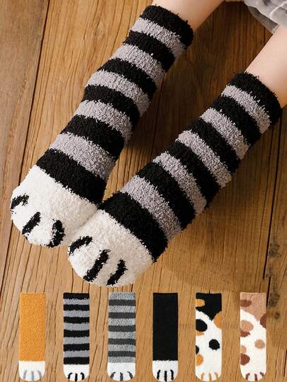 3 pares de calcetines gruesos y esponjosos de felpa de coral con diseño de patas de gato lindas para mujer en otoño e invierno