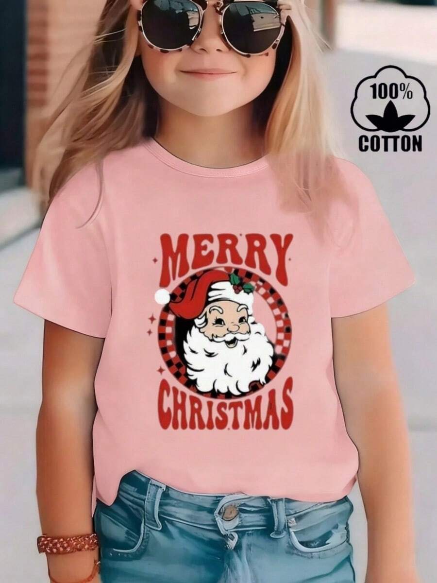Esta nueva y moderna camiseta de manga corta 100 % algodón para niña luce un estampado navideño. Esta camiseta holgada, informal y versátil está confeccionada con un tejido suave y agradable para la piel de tu bebé. Ya sea para una reunión familiar, un evento escolar o una salida de juegos al aire libre, esta camiseta permite que tu hija se mueva con libertad y comodidad. - Rosa - Ver 1