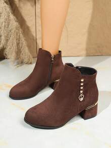 Autumn/Winter New Versatile Boots, Chunky Heel Mid-Heel Ankle Boots, Suede Boots, Ankle Boots, Fashion Versatile Rhinestone Buckle Plus Size Boots - Brown - View 6