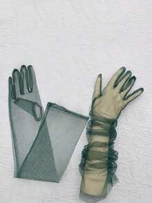 1双女士彩色薄纱透明长手套，适用于新娘礼服、派对和摄影配饰，万圣节配饰，冬季手套，婚礼夏季 - 墨綠色 - 查看 1