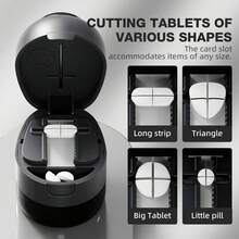 二合一切药器兼储物盒，可将药片切成两半或四分之一，隐藏式刀片设计，底部储物格，适用于各种形状的药片，便携式切药器 - 黑色 - 查看 8