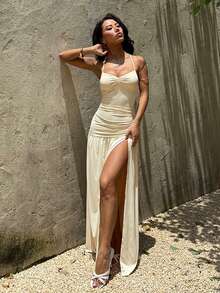 1 pieza Vestido elegante con abertura alta asimétrica/asimétrica, espalda descubierta y tirantes finos, adecuado para fiestas, bodas y todas las estaciones - Amarillo - Ver 4