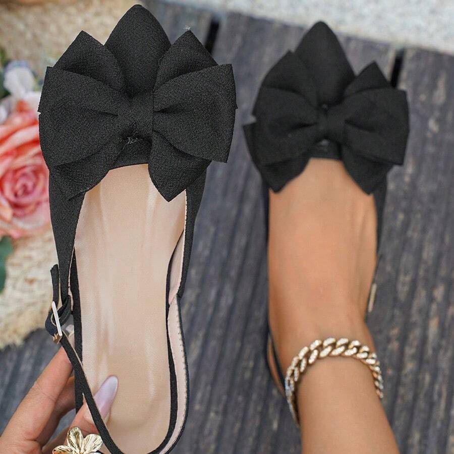 Sandalias de tacón plano con punta afilada y talón abierto para mujer talla grande, con lazo grande que cubre la puntera, para el verano.Zapatos planos de suela lisa - Negro - Ver 1