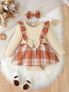 idolCat Baby Girls' Cute Big Bow Long Sleeve Gingham Romper Dress And Headband For Daily Play In Fall Outdoor - Rust Brown - View 4
