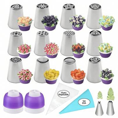 27pcs Cake Decorating Set, Including 12 Flower Pastry Tips Nozzles Icing Pipping Tips, 2 Leaf Shape Piping Tips, 2 Couplers, 10 Disposable Pipping Bags And 1 EVA Piping Bag, For Cake Decorating Tools, Baking Supplies For Cookie Cupcake