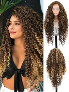 24 Inch Brown Mix Dark Brown Silky Synthetic Long Ocean Wave Wavy Hair , High Quality Natural Wig.Hawaii Curly,13x6 HD Curly Lace Front Wigs, For Women ,With Adjustable Straps For Daily Wear Christmas Halloween New Year Carnival Music Festiva