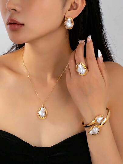 1 Set de joyería vintage elegante con anillo asimétrico de metal con perlas falsas y 1 Set de pulsera + aretes con cruz y perlas falsas en color dorado, adecuado para uso diario de mujeres