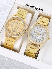 1 Set Reloj de mujer de acero con banda y diamantes de imitación, reloj de cuarzo de tres esferas falsas, reloj de pulsera de cuarzo de moda casual - Multicolor - Ver 7