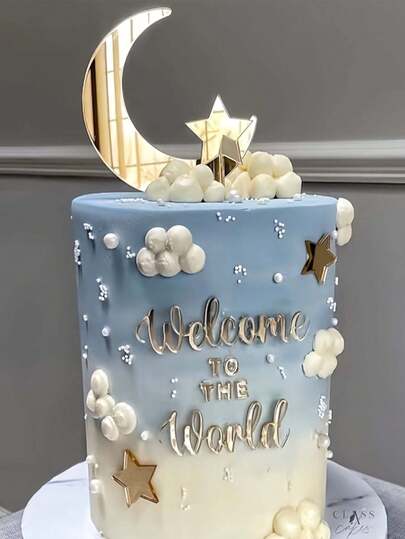 1 st. tårtdekorationsset med guldfärgade stjärnor och måne, modern himmelsk dekoration lämplig för fester, inklusive födelsedagar, bröllop och babyshowers. Dessa akryltårtdekorationer är återanvändbara och perfekta för dessertbord, cupcakes.