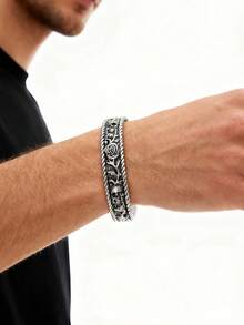 1pc Vintage Adjustable Skull & Rose Floral Carving Bracelet, Rockstar/Casual Style For Men - Antique Silver - View 6