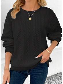 Sudadera de cuello redondo de manga larga, de unicolor, texturizada y versátil, de estilo casual, en talla grande, color negro, para primavera - Negro - Ver 3