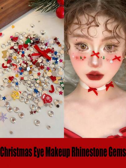 约500片3D圣诞眼妆脸贴，红色蝴蝶结爱心宝石透明水钻派对/圣诞节/情人节妆容脸部宝石，眼角贴，3D蝴蝶结雪花星星贴，甜美妆发饰贴