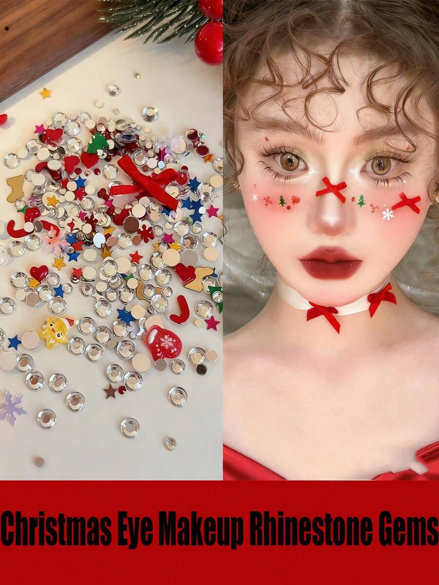 Sekitar 500 buah Stiker Rias Mata Wajah Natal 3D, Pita Merah, Hati, Permata Transparan, Rhinestone untuk Pesta/Natal/Hari Valentine, Stiker Sudut Mata, Stiker Bintang Kepingan Salju Pita 3D, Stiker Perhiasan Rambut Riasan Manis