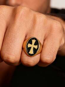 1pc Vintage Style Hip-Hop Classic Personality Cross Stainless Steel Men's Ring Party For Daily Wear Perfect Gift - Ring - View 1