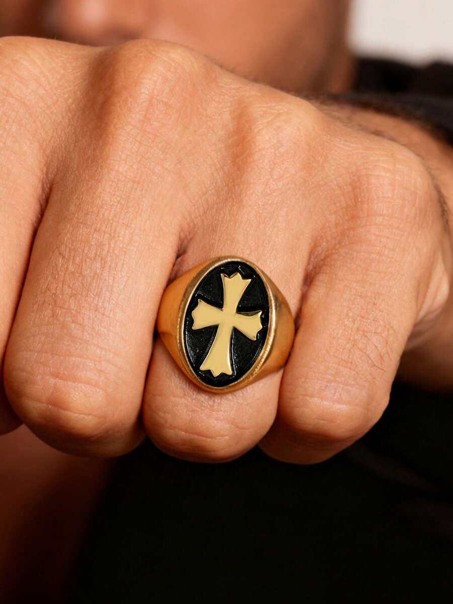 1pc Vintage Style Hip-Hop Classic Personality Cross Stainless Steel Men's Ring Party For Daily Wear Perfect Gift - Ring - View 1