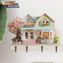 Decorative Cottage Key Holder Wall Mount Creative Wooden 2D Flat Key Hanger For Wall Home Kitchen Office - 彩色 - 查看 4