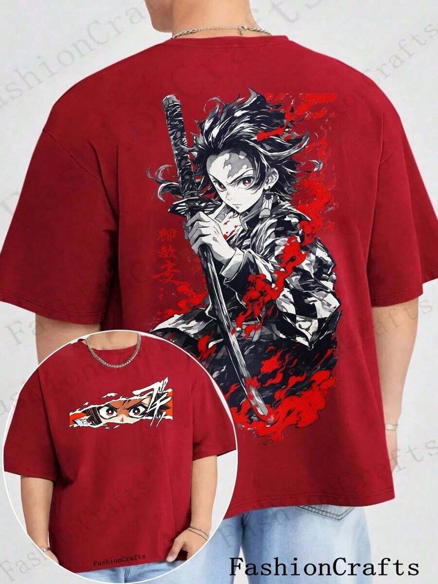 Cotton Men's T-Shirts, Double-Sided Printed Anime T-Shirts, Character Shirts, Anime Fan Gifts, Knitted Pullover T-Shirts, Comic-Style Anime Pattern T-Shirts, Casual Men's Clothing, Street Style Fashion | Exquisite Design |   Loose And Comfortable |   Easy To Match | - 紅色 - 查看 1