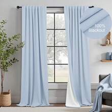 Cream Linen Blackout Curtains 84 Inch Long 2 Panel Set, Thermal Insulated Light Blocking, Neutral Rustic Farmhouse Style, Ivory White, 2025 - Light Blue - 查看 4