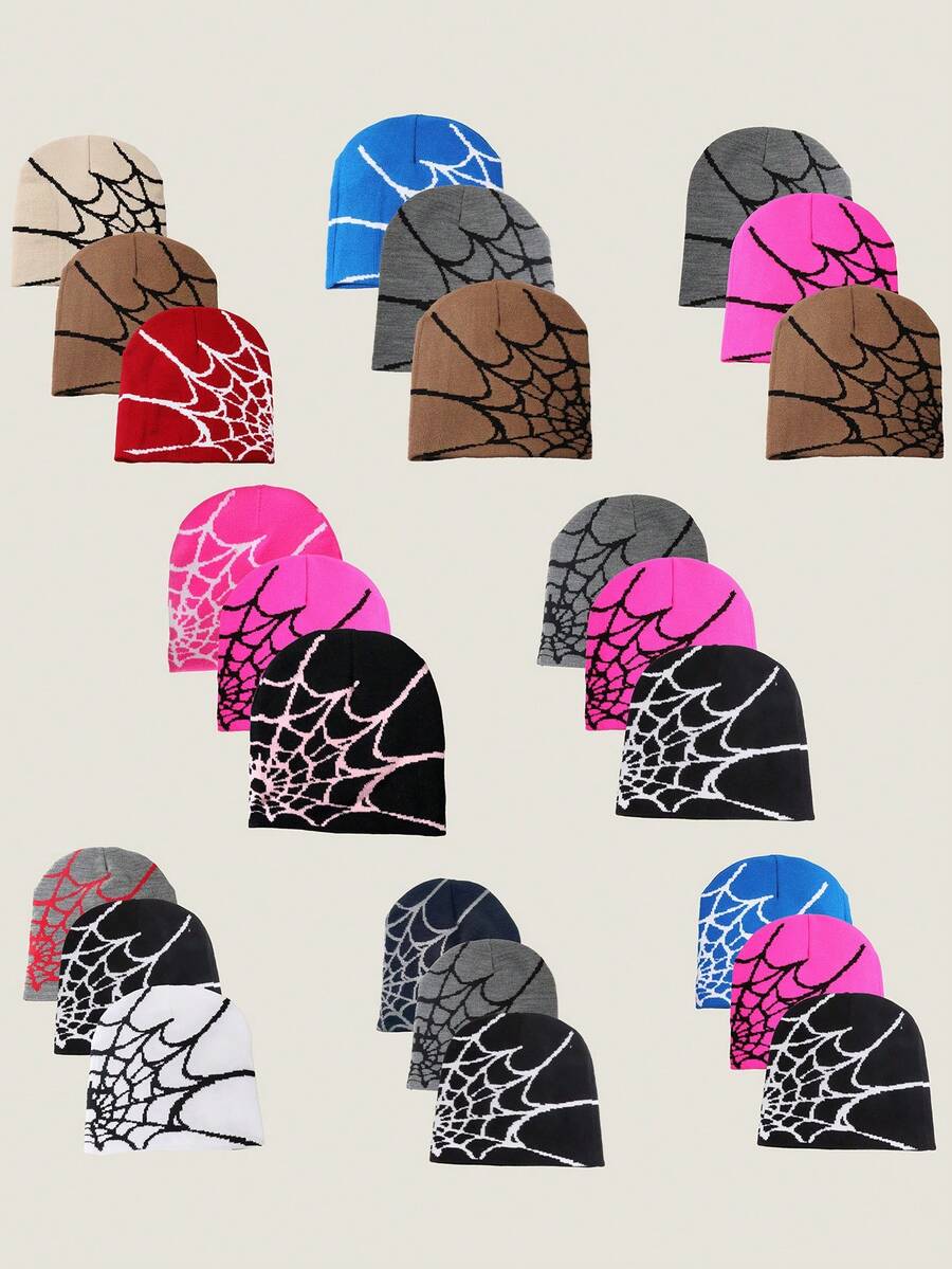 3 件万圣节蜘蛛网提花帽，优雅针织帽适合返校、旅行、派对、休闲、节日穿着秋季配饰 - 彩色 - 查看 1