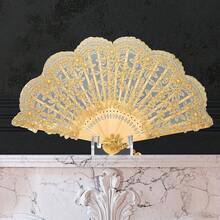 NEW-Lace Hand Fan Non-Foldable Vintage Bridal Handheld Fans With Rhinestone And Embroidered For Wedding Decoration Dancing Party (Gold) - C-vàng - Xem 6