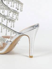 Women's Stiletto High Heel Sandals, Round Toe Fashion Strap With Rhinestone Snake Wrap Design, Minimalist Basic Style For Summer & Autumn - Silver - View 9