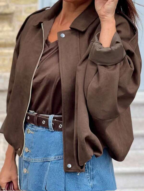 2025 Veste zippée à manches longues avec col  synthétique pour grandes tailles, coupe ample, élégante, convenant pour le travail, vêtement extérieur pour femmes, automne/hiver