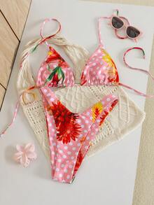 Women's Floral Bikini Set, Halter Neck Tie Backless Swimsuit, Suitable For Beach Vacation, Summer Holiday And Leisure Wear - Multicolor - View 2