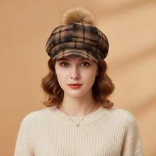 Vintage Octagonal Hat Plaid Beret Autumn And Winter Plush Ball Decor Newsboy Hat For Women - 紅棕色 - 查看 3