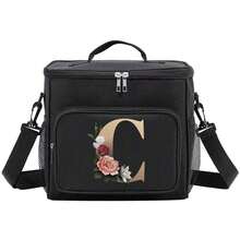 Insulated Lunch Box Bag Shoulder Canvas Bags Thermal Lunch Box Initial Name A To Z Gold Letter Flower Printing Large Capacity Tote Bag For Women's Portable Work Food Storage Handbags Cooler Box For Office School Picnic Camping Travel Lunch Bag Woman For Women Ladies School Supplies Stuff Accessories - màu đen - Xem 9