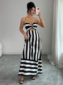 Women's Casual, Elegant & Daily Striped Smocked Backless Camisole Long Dresses For Travel, Vacation, Summer, Spring-Summer & Valentine's Day - Black and White - View 1