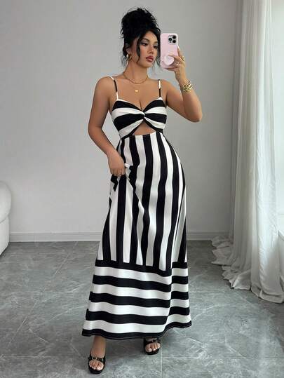 Women's Casual, Elegant & Daily Striped Smocked Backless Camisole Long Dresses For Travel, Vacation, Summer, Spring-Summer & Valentine's Day