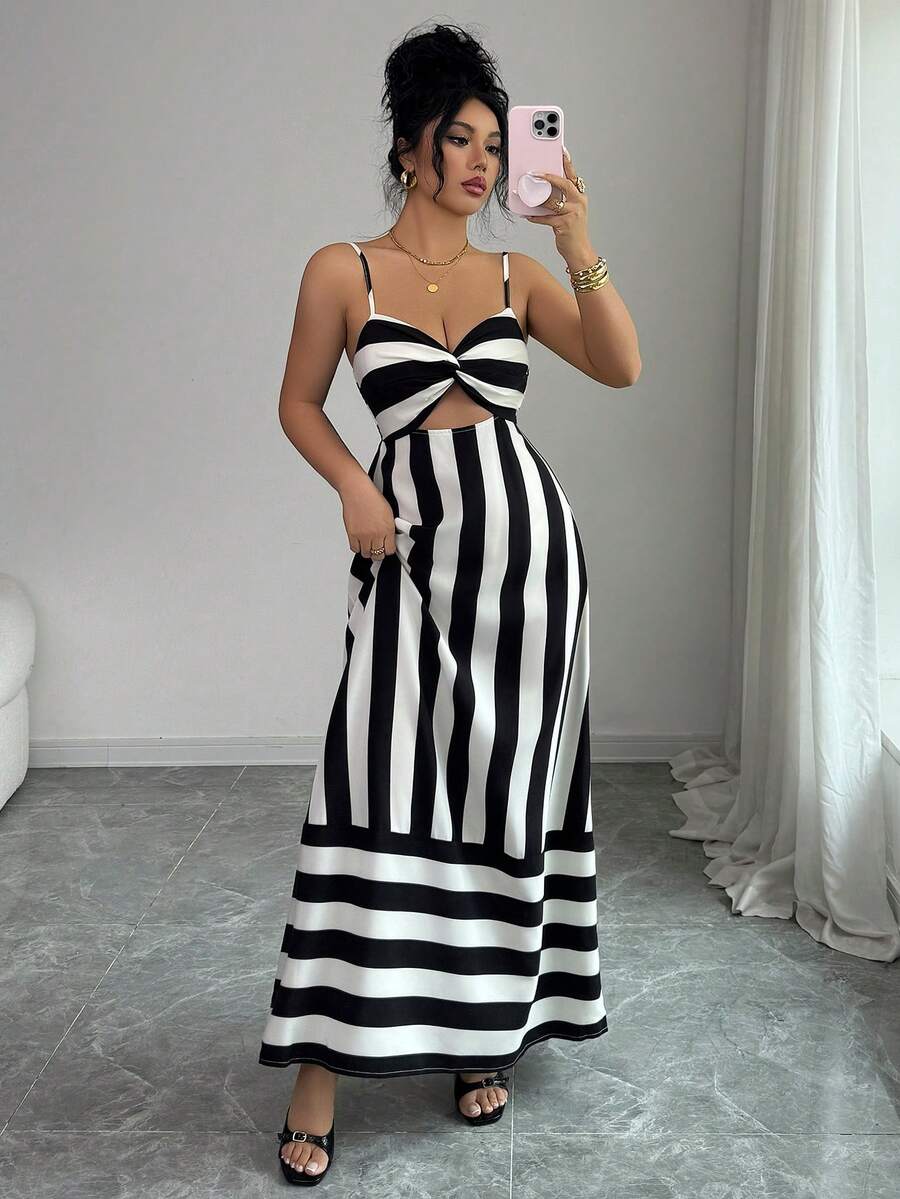 Women's Casual, Elegant & Daily Striped Smocked Backless Camisole Long Dresses For Travel, Vacation, Summer, Spring-Summer & Valentine's Day - Black and White - View 1