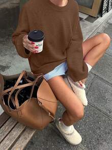 FOR BEAUTY Women's Casual Loose Fit Crew Neck Long Sleeve Knit Sweater, Coffee Color, Minimalist Design, New Year Edition, Autumn/Winter