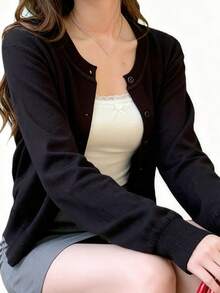 Cárdigan de punto para mujer - Superventas de otoño Novedad Top amarillo Prenda ligera para primavera/otoño Prenda de punto holgada - Negro - Ver 5