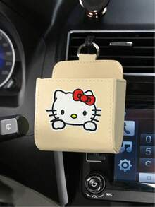 Sanrio 1 قطعة صندوق تخزين من الجلد للسيارة بشكل قطة باللون الأسود والبرتقالي والرمادي والبيج، حامل هاتف مثبت على فتحة التهوية