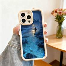 Cubierta de telefono con borde negro azul profundo con estampado de paisaje nocturno y figura solitaria en playa brillante para uso diario y viajes - Blanco - Ver 2