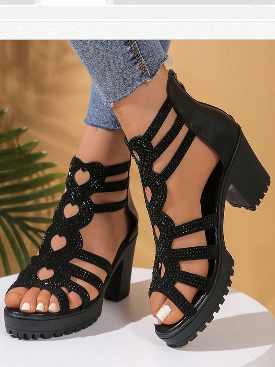 Damen Schwarze High Heel Sandalen, modische Cut Out-Strass Plateau Absatz High Heel Stiefel, neue vielseitige Sommer Plateau Wasserdicht Rund Zeh Reißverschluss High Heel Kleiderschuhe mit dickem Absatz