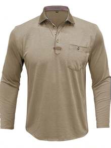 Plus Size Men's Long Sleeve Polo Shirt, Fashionable Turndown Collar Pocket Henley Top - Apricot - View 2