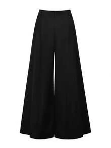 纯色口袋标女士阔腿裤，适合日常、返校、派对、机场、春秋季 - 黑色 - 查看 8