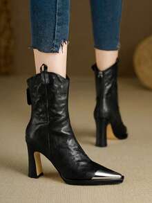 Fall/Winter 9.2cm New Pointed Toe Comfortable Ankle Boots, Chunky Heel, Metal Toe, Caramel Color - Black - View 5