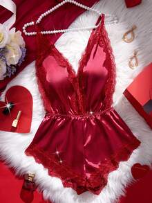 Regalo sorpresa del Día de San Valentín - Body de satén con ribete de encaje sexy, lencería sexy de escote en V profundo, tirantes ajustables, diseño de espalda cruzada - Burdeos - Ver 2