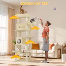 HEXCELEN 82.7-Inch Cat Tree, Large Cat Tower For Indoor Cats, Condo With Perch, Cat House Furniture With 2 Caves, 8 Scratching Posts, Hammock, Pompoms, Washable Cushion, Beige - Màu be - Xem 1