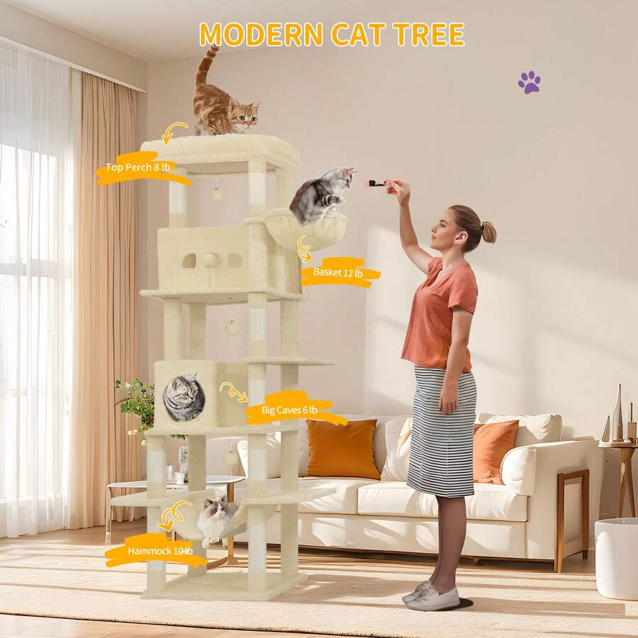 HEXCELEN 82.7-Inch Cat Tree, Large Cat Tower For Indoor Cats, Condo With Perch, Cat House Furniture With 2 Caves, 8 Scratching Posts, Hammock, Pompoms, Washable Cushion, Beige - Màu be - Xem 1