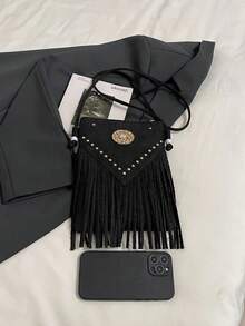 Bolsa Transversal Feminina Com Franjas, Nova Bolsa Transversal Para Outono/Inverno Com Franjas, Bolsa Pequena Quadrada Para Celular E Carteira, Bolsa Feminina Com Detalhes Em Metal E Rebites, Bolsa De Ombro Feminina Para Meninas, Ideal Para Ir Ao Trabalho, Fazer Compras, Fotografar, Presente De Natal, Bolsa Pequena Feminina Popular