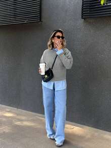 SOOKAUG 学院风宽松针织毛衣，女士高品质休闲时尚修身套头衫，适合初秋穿着 - 淺灰色 - 查看 4