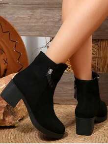 New Thick Sole Black Boots, Black High Heels, Chunky Heel Ankle Boots, Versatile Chelsea Boots, Fashionable Boots, Women's Spring/Autumn Shoes, Black Faux Suede Side Zipper High Heel Boots - Black - View 4