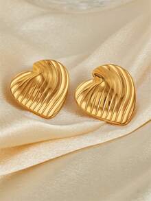 1pair Stainless Steel Retro Heart Shape Statement Earrings For Women, 316L Stainless Steel Earrings, Waterproof Earrings, Gift For Her - Gold - View 6