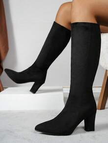 Fall/Winter Women's Pointed Toe Chunky Heel Over-The-Knee Boots, Elastic Shaft, British Style, Fashion Slimming Riding Boots - Black - View 1