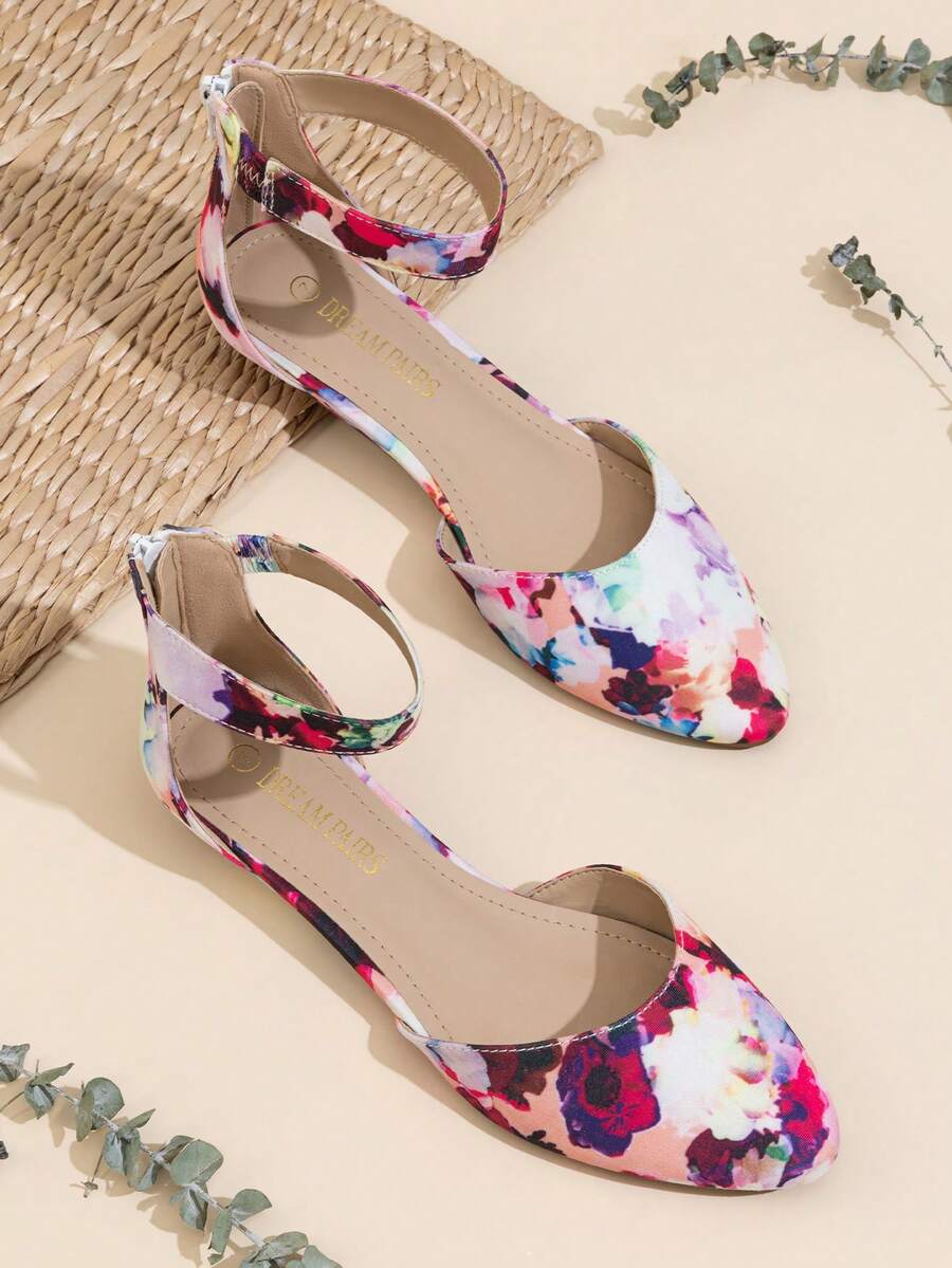 Women Flats Ankle Strap Pointed Toe 1-Inch Low Wedge Heel Flats Fashion Classic Dress Shoes Floral For Wedding Daily Commute - 彩色 - 查看 1